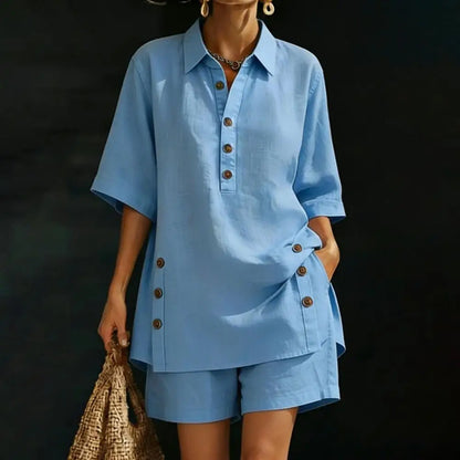 Cotton Linen Set for Women Button Short Sleeve Shirt And Wide Leg Shorts 2 Piece Outfit Summer Casual Beach Lounge Sets