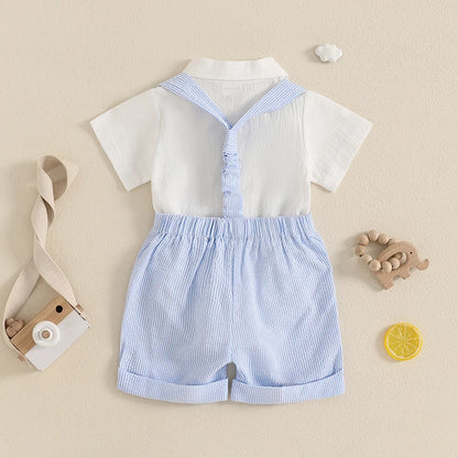 Infant Baby Boy Summer Gentleman Outfit Short Sleeve Lapel Neck Shirt Romper + Stripe Suspender Shorts + Bowtie for Newborn