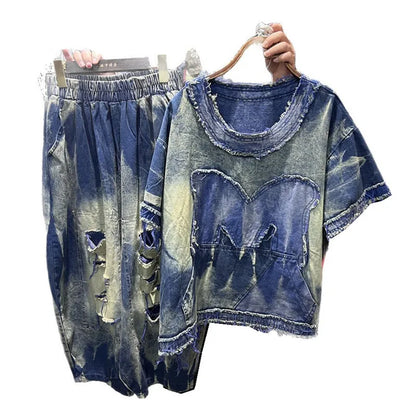 Fashion Spring Summer Women Two-piece Set Hole Tie-dye Loose Short Sleeve T-shirt Top + Elastic Waist Casual Wide Leg Pants