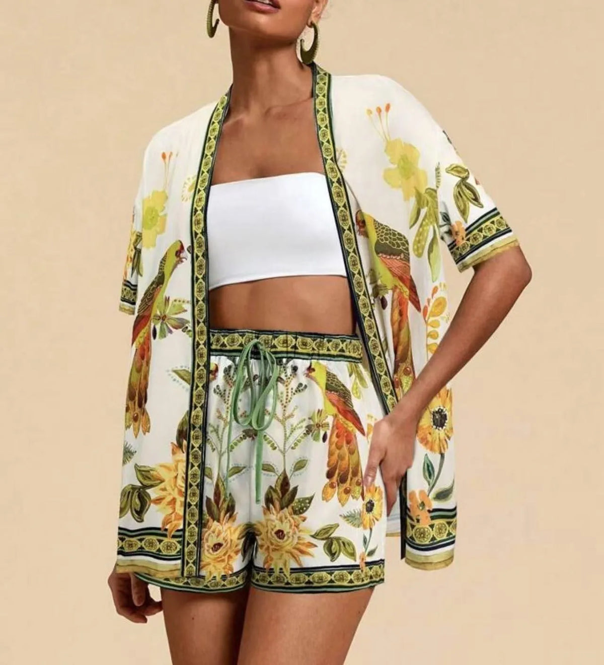 Summer Women's Suit With Crop Top Printed Drawstring Waist Shorts Floral Print Blue Base Green Trim Casual Shorts