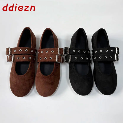 New Fashion Buckle Strap Footwear Flock Ballet Flats Women Dance Shoes Female Round Toe Ladies Mary Janes Flats Lolita Shoes