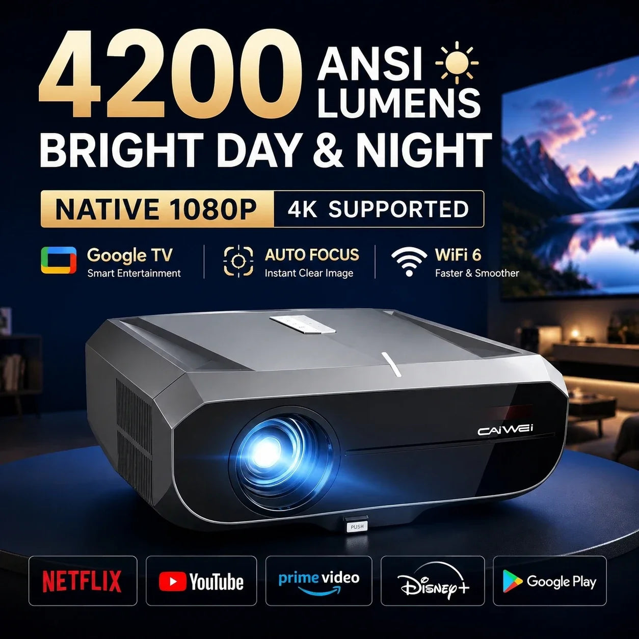 4200ANSI 900D 4K Supported Projector Native 1080P Smart Google TV WiFi 6 TOF Auto Focus Auto Keystone Home Theater Dual Speakers