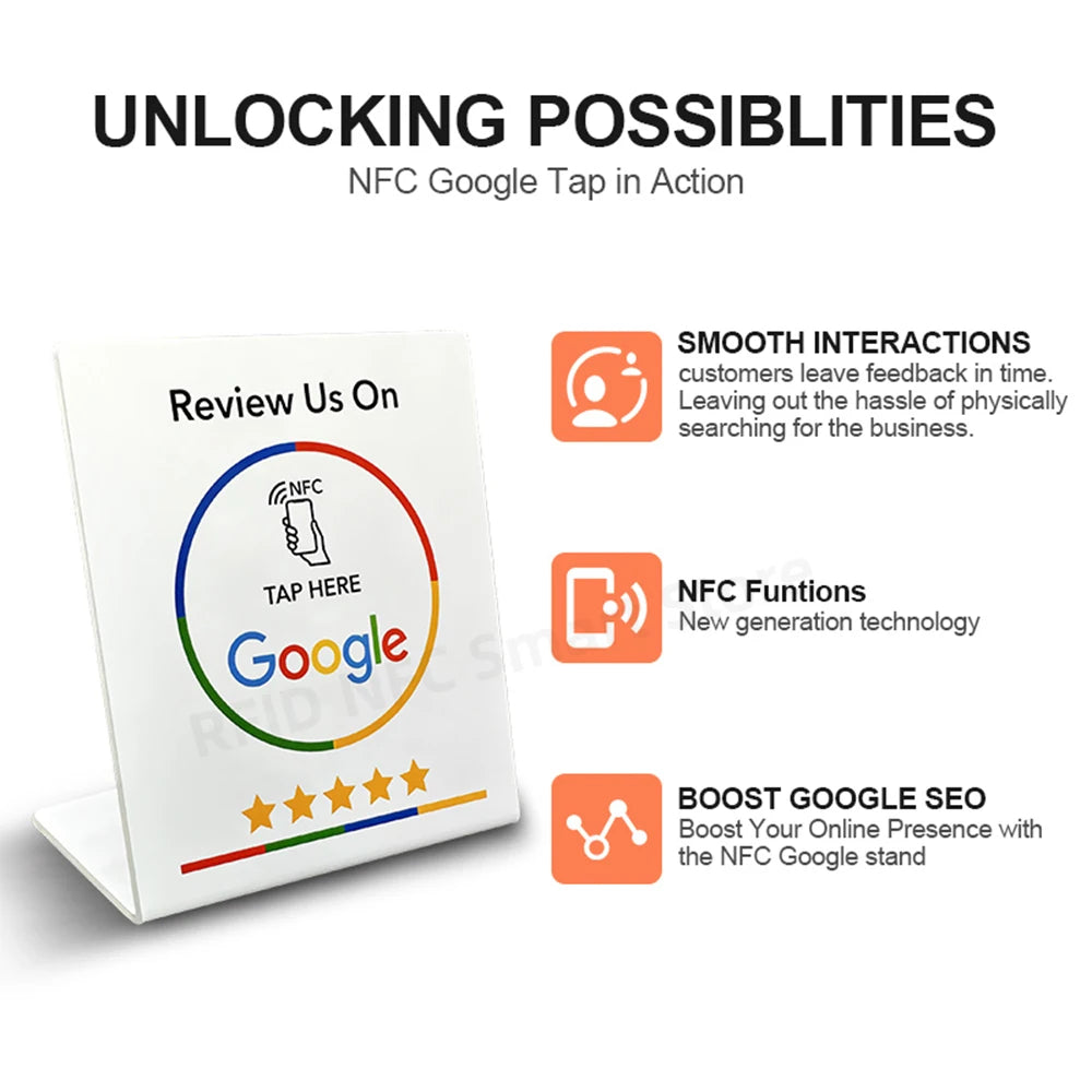NFC 13.56Mhz programmable Google Review Card Station Table Tap Card NFC215 Chip 504Bytes RFID NFC Google Review stand display