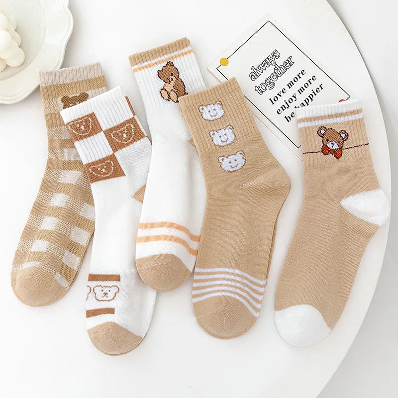 5 Pairs Women Fruit Print Socks Set Cute Casual Korean Fashion Kawaii Japanese Style Pumpkin Strawberry Banana Peach Avocado Sox