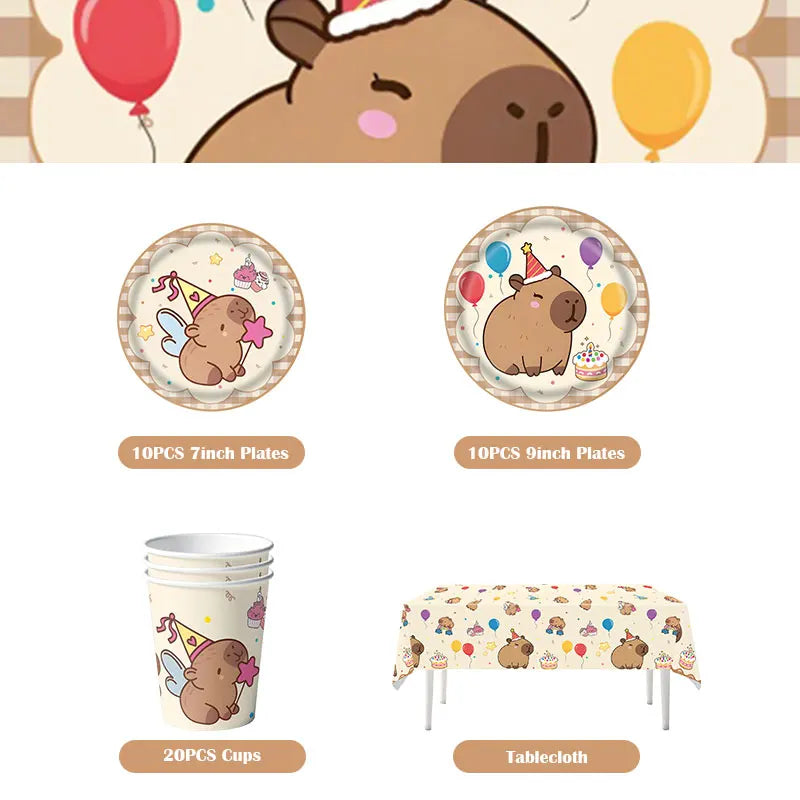 Capybara Decoration Birthday Party Favors Tableware Set Cup Plate Balloons Gift Bags Happy Banner Cake Topper Supplies for Girls