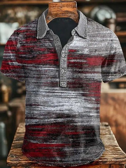 New American Retro Military Style Short Sleeved Polo Shirt with Red, Green, Black Camouflage Printed Casual Shirt