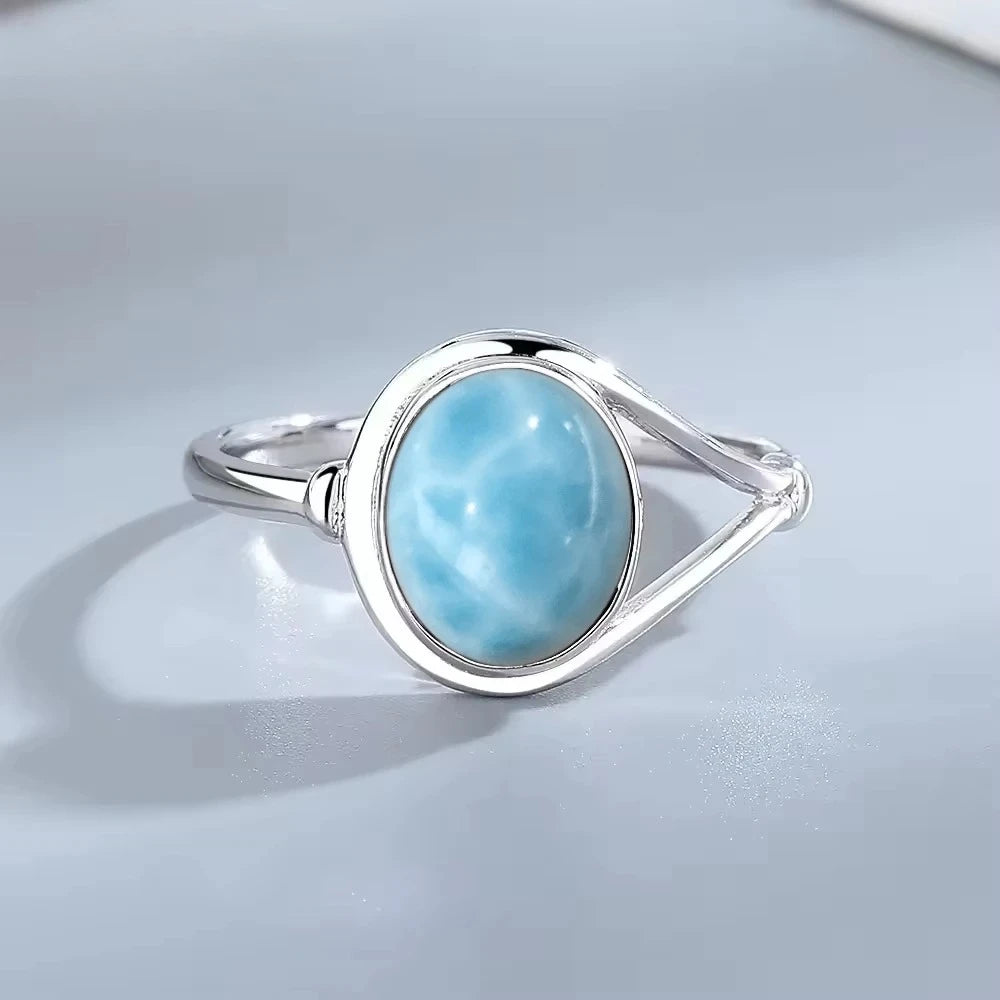 Vintage 925 Silver Ring Natural Larimar Stone Round Flower Shape Sky Blue Sea Water Ring Fine Jewelry Party Gifts For Women Men