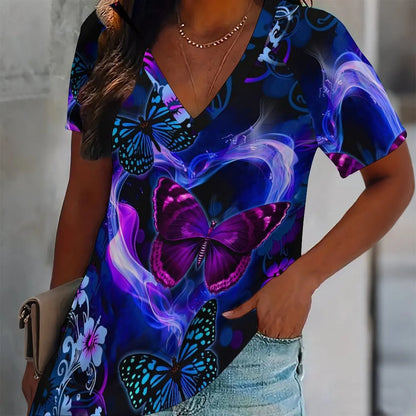 Butterfly Print Women Tshirt V Neck Short Sleeve Casual Loose Summer Tee Shirts