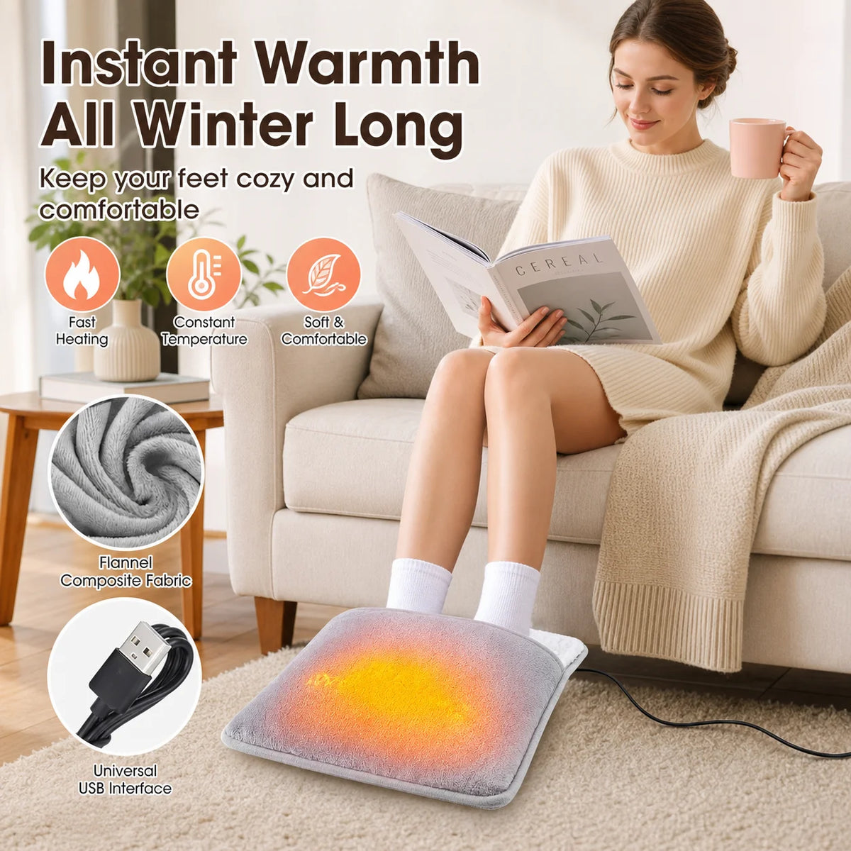 USB Foot Warmer with Soft Flannel, Heated Feet Warmer for Cold Feet, Washable Plug In Foot Heater for Office Home Desk Women