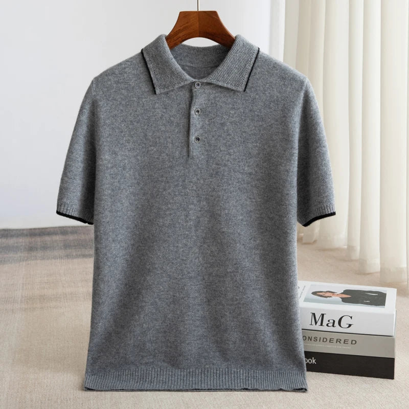 100% Merino Wool Men's Lapel Short Sleeved Sweater T-Shirt New Knitted Casual Business Men's Pullover Sweater Wool T-Shirt Summe