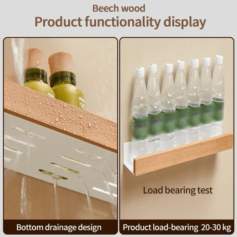 Wood Kitchen Organizer Mounted Spice Rack Kitchen Storage with Hooks for Condiments Kitchen Accessories