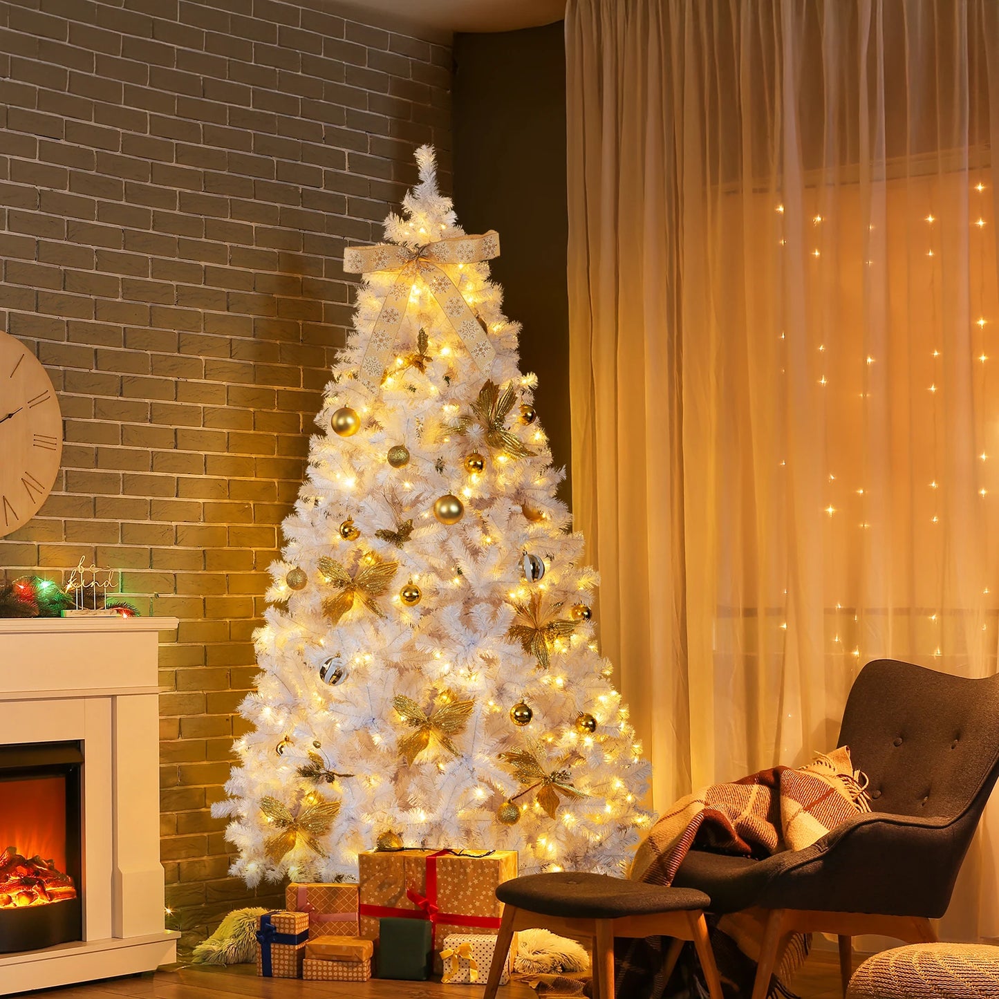 7.5FT White Pre‑lit Artificial Christmas Tree, Hinged Xmas Tree with 400 Warm White LED Lights Remote Control, 1600 Branch Tips with Tree Skirt Bow Gold Ornaments for Home Holiday Decor