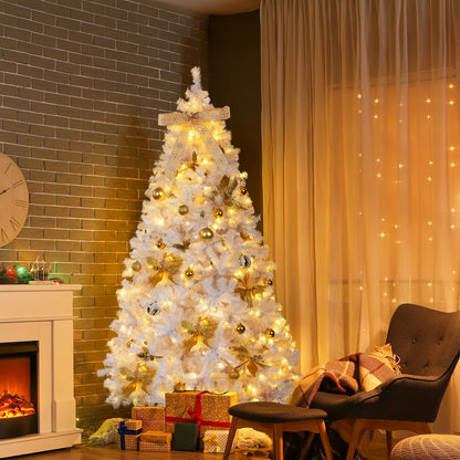 7.5FT White Pre‑lit Artificial Christmas Tree, Hinged Xmas Tree with 400 Warm White LED Lights Remote Control, 1600 Branch Tips with Tree Skirt Bow Gold Ornaments for Home Holiday Decor