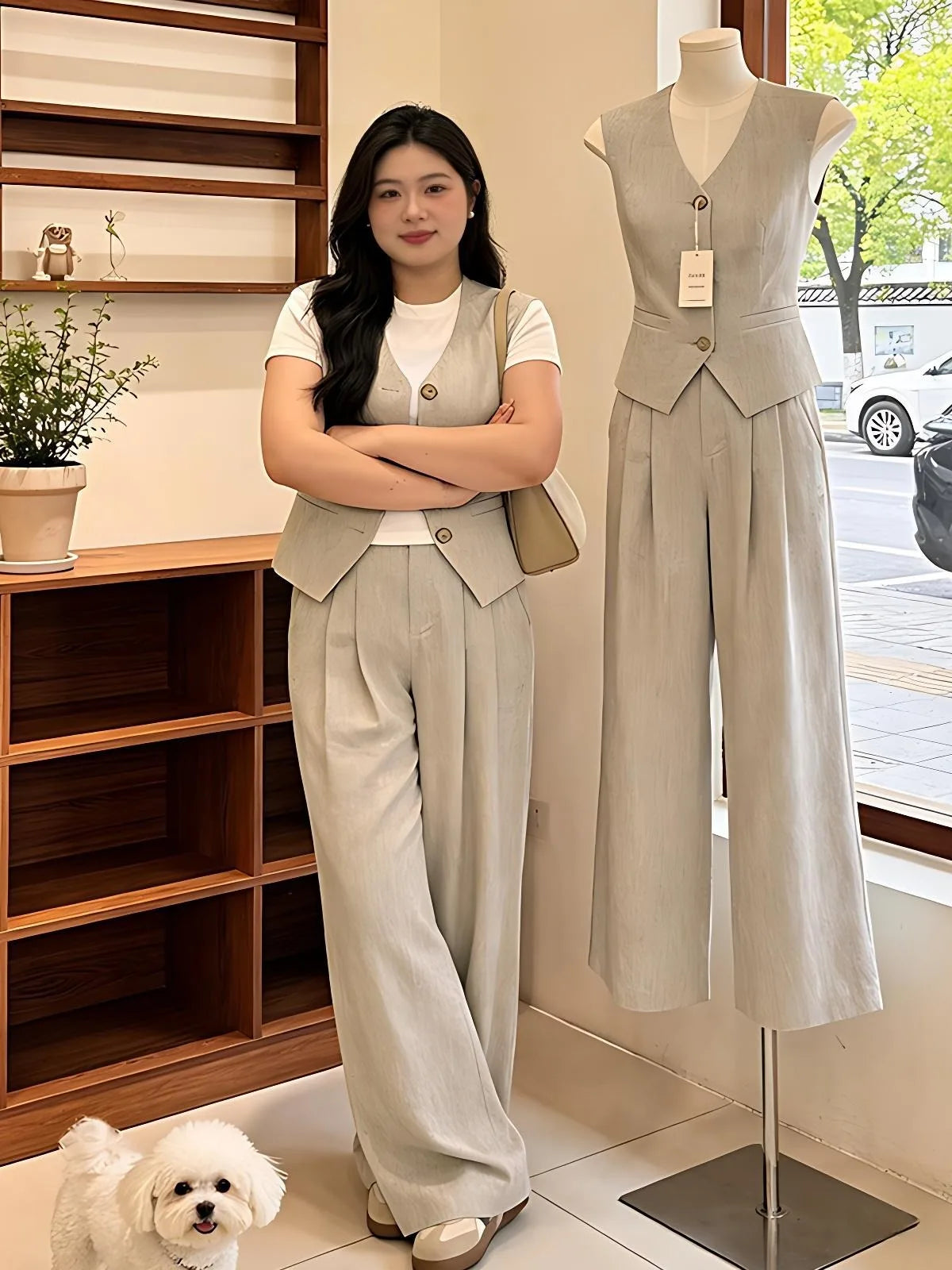 plus Size Casual Style Three Piece Set Women's Summer New White T-Shirt Sleeveless Tank Top Wide Leg Pants Ensemble