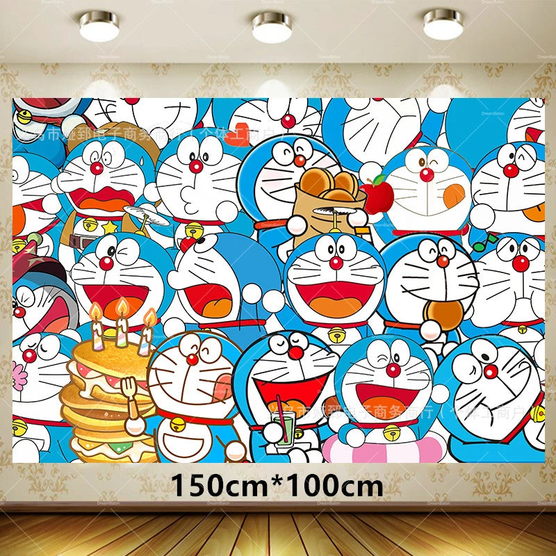 Doraemoned Balloons Cartoon Blue Jingle Cat Party Decoration Supplies Happy Birthday Banner Disposable Tableware Kid Cake Topper