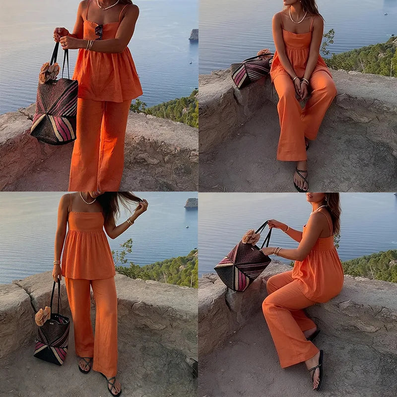 Women's Fashion Orange Linen Cotton Two Piece Sets Summer Sleeveless Sling Top & Straight Pant Casual Beach Holiday Outfits