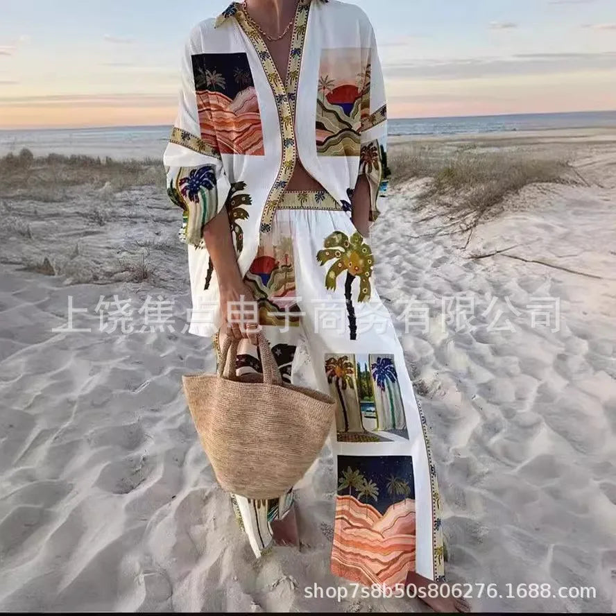 Fashion Print Beach Holiday 2-Piece Set Women Spring Summer Long Sleeve Shirt Top + Wide Legs Women's Oversized Two-Piece Outfit