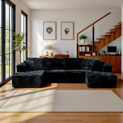 128 Inch Black U‑Shaped Modular Cloud Sofa, Vacuum Compressed Packing Clearance Sale, Local Warehouse Shipping for Living Room Home Furniture