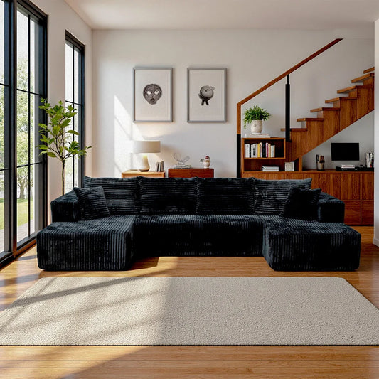 128 Inch Black U‑Shaped Modular Cloud Sofa, Vacuum Compressed Packing Clearance Sale, Local Warehouse Shipping for Living Room Home Furniture