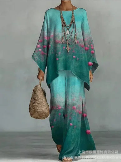 Boho Two Piece Set Summer Women's Loose Patchwork Wide Leg Pants Set Fashion O Neck Pullover Top 2-piece Set Outfit Streetwear