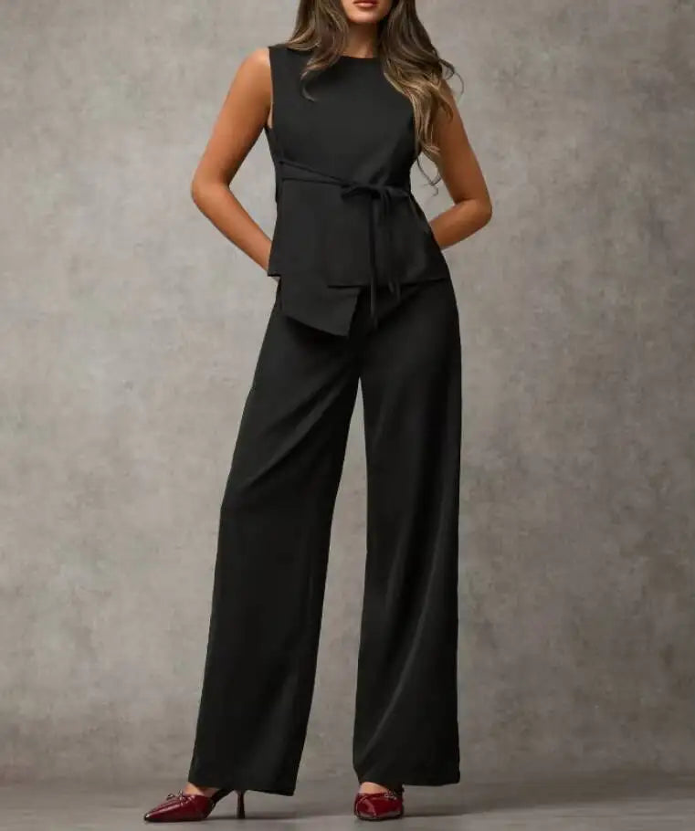 Women's Black Two Piece Set Sleeveless Round Neck Tie Asymmetric Hem Top Wide Leg Pants Set Spring Summer Office Elegant Outfit
