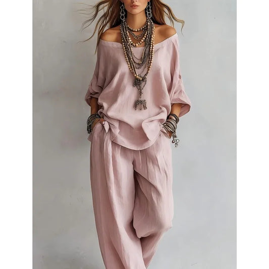 Summer New Casual Loose Linen Women's Two Piece Set Three-quarter Sleeve Off Shoulder Top Wide Leg Pants Suit Women Clothing