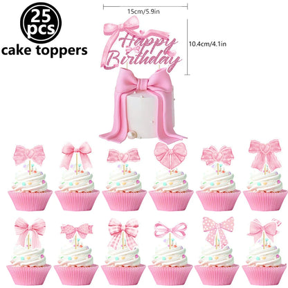10pcs Bow Cupcake Toppers Birthday Bowknot Ribbons Coquette Pink Bow Cake Decors Bridal Baby Girls Wedding Party Supplies
