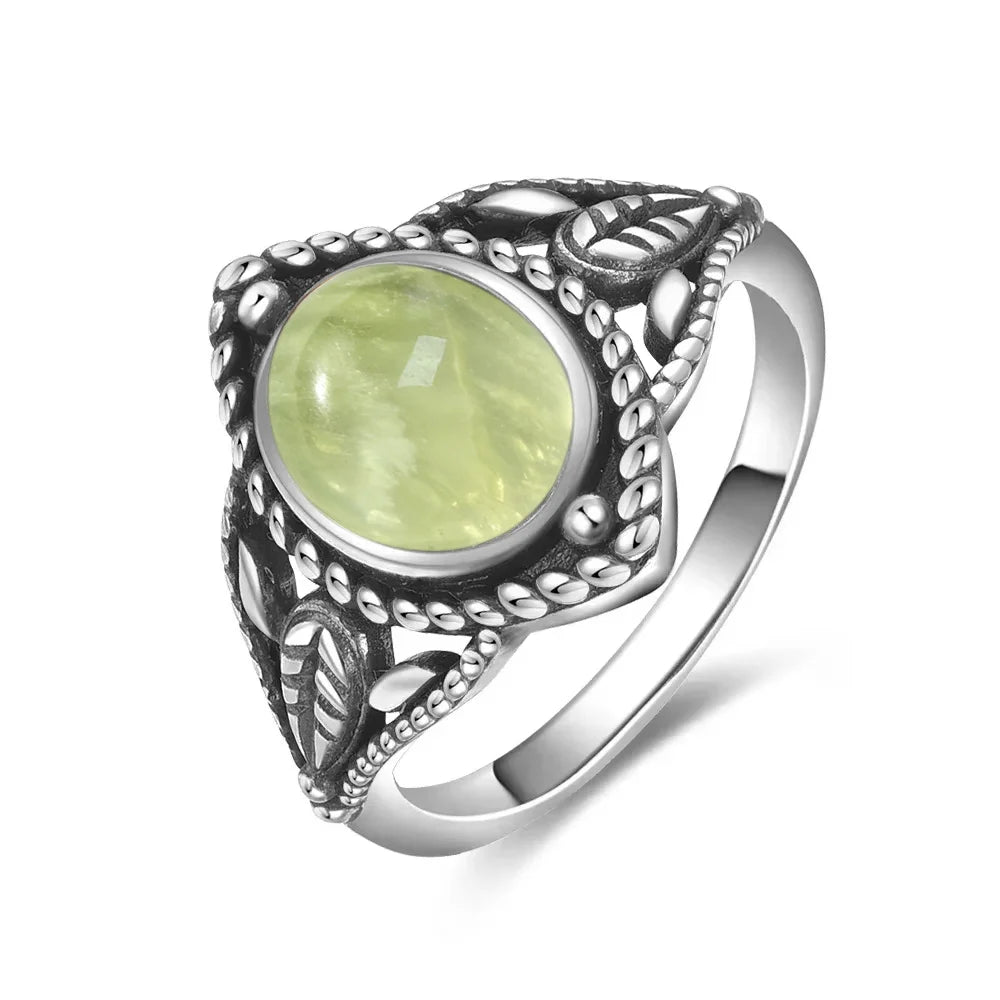 925 Sterling Silver Ring With Natural Prehnite Stone 8*10mm Oval Shape With Crystal Flower Design Gifts Fine Jewelry For Women