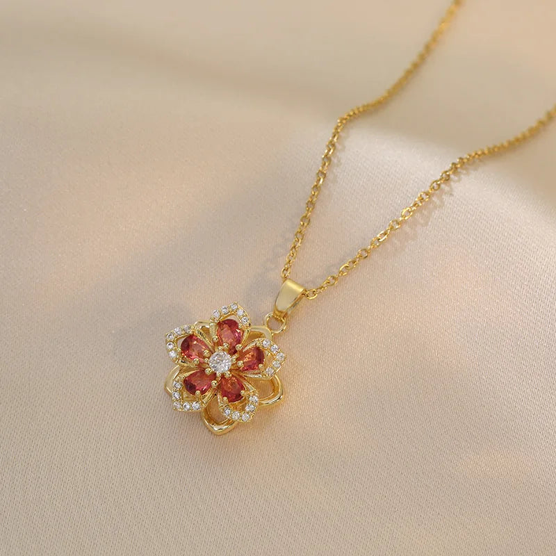 OIMG 316L Stainless Steel Gold Plated Romantic Rotatable Flower Zirconia Pendant Necklace For Women Girls Charm Luxury Jewelry