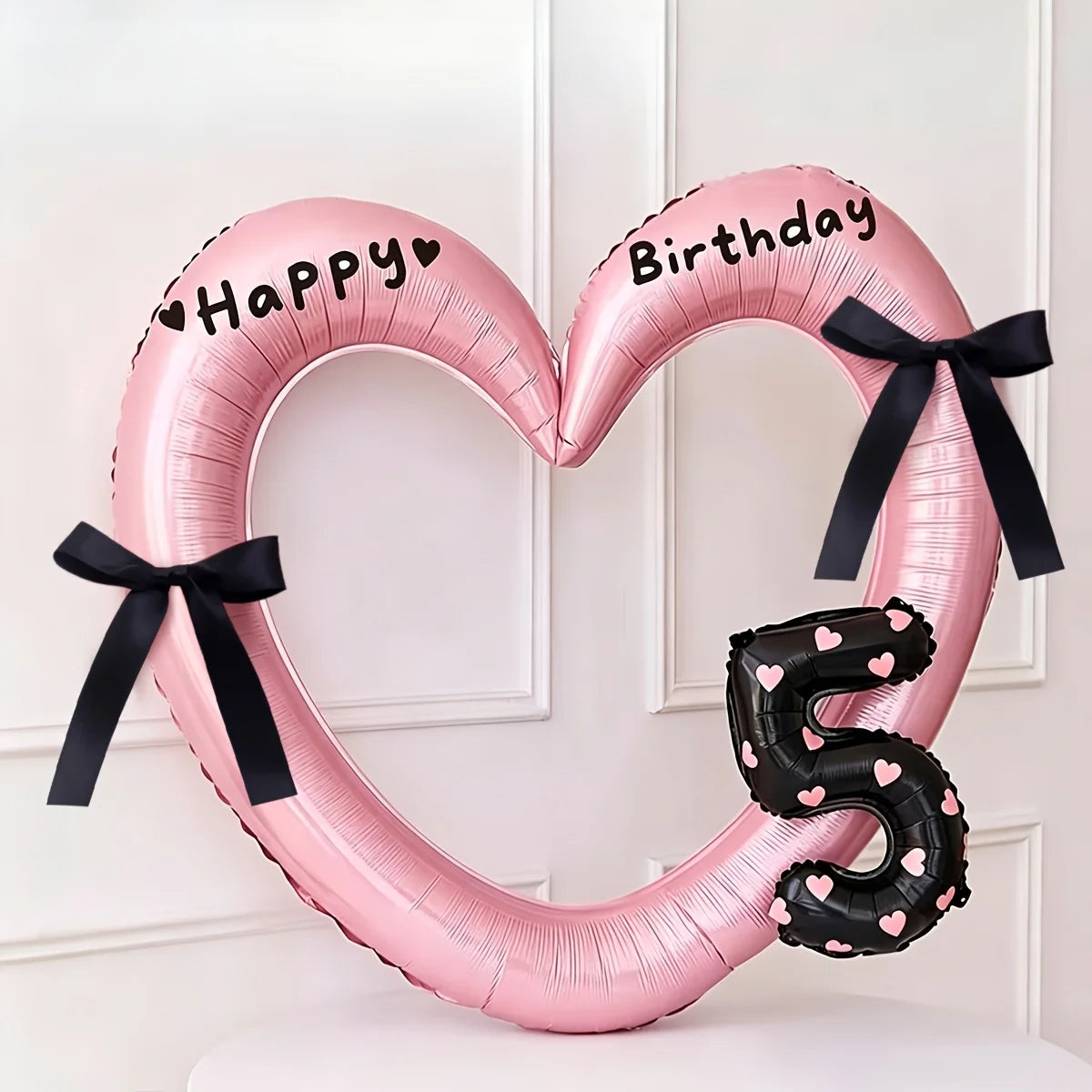 7Pcs 16inch Black Number Hollow-Out Heart Balloons and Heart Stickers Set, Includes 2 Number Balloons, 2 Stickers, 1 Glue Stick, 2 25cm Ribbons, for Birthday Parties, Wedding Anniversary Celebrations, Holiday Decorations
