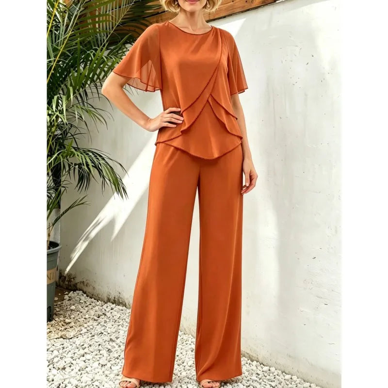 Women's Casual Pants Set Chiffon Breathable Solid Color Round Neck Short Sleeve Loose Irregular Top + Wide-leg Pants 2-piece Set