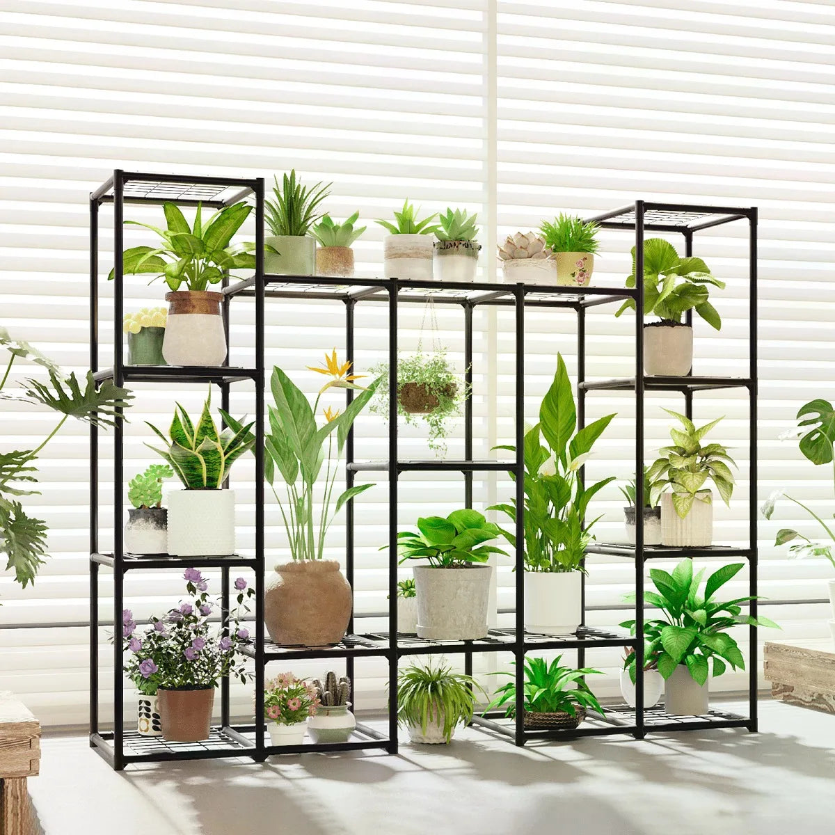 Large Plant Stand Indoor Outdoor Metal Plant Shelf Waterproof Plant Rack For Multiple Plants Wide Flower Stand For Patio Balcony Garden Black