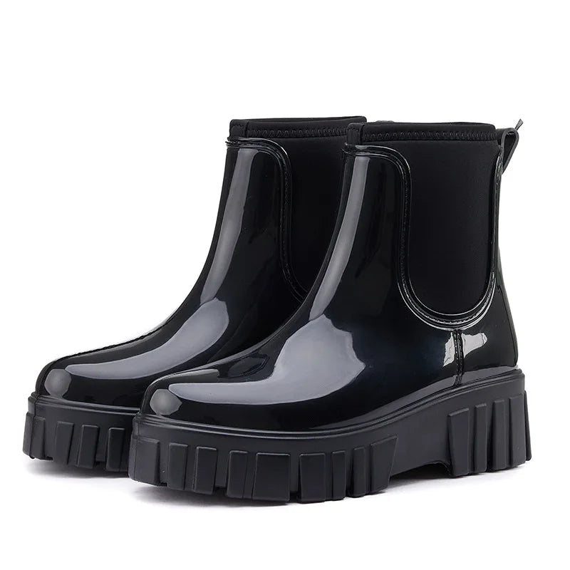 PVC Fashion Rain Boots Shoes For Women Solid Anti-slip Wear-resistant Thick Soled Shoes Low Cut High Top Round Toe Waterproof Water Shoes