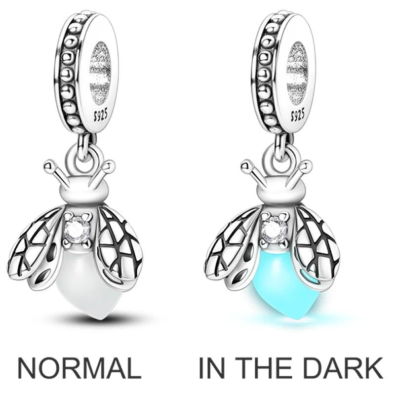 2026 Hot Sale Charms Bead 925 Sterling Silver Pink Butterfly Luminous Firefly Dangle Fit Bangle Bracelet Necklace DIY Jewelry