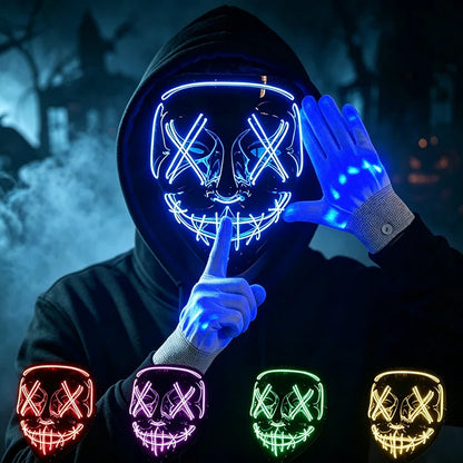 Wireless LED Neon Purge Mask & Fiber Optic Gloves, Scary Glow In Dark Mask for Halloween Carnival Cosplay Bar Birthday Party