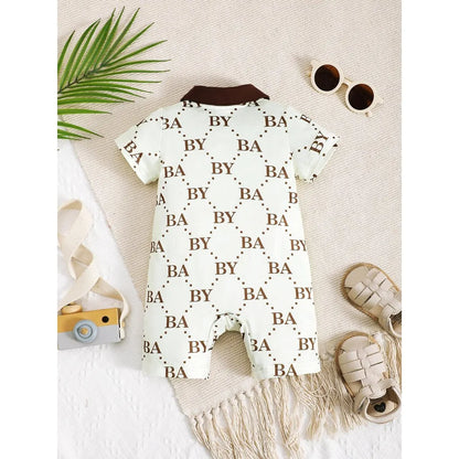 1-24 Months Newborn Baby Boy Fashion Romper Short Sleeved Flip Collar Letter Print Light Luxury Jumpsuit Toddlers Summer Clothes