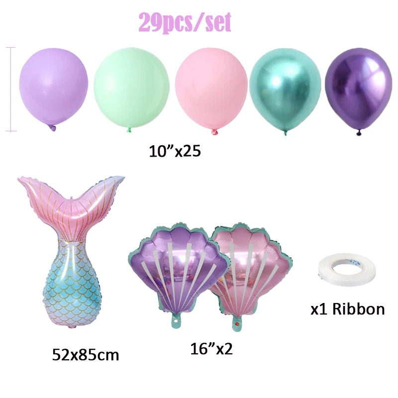 29pcs Purple Green Pink Latex Balloons with Mermaid Tail Shell Foil Balloon for Girls Birthday Party Decoration Baby Shower