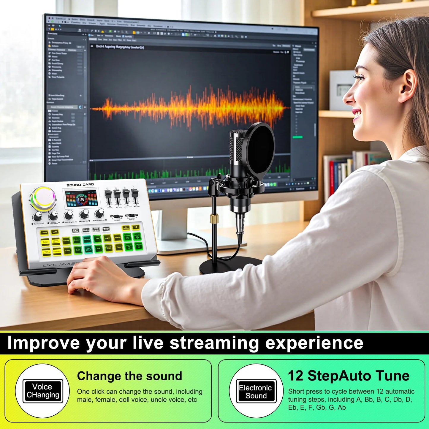Tenlamp Y300-P15B Podcast Microphone Bundle with Live Sound Card Audio Mixer, 3.5mm Condenser Mic for PC Smartphone Gaming Streaming Singing YouTube Vlog Studio Recording