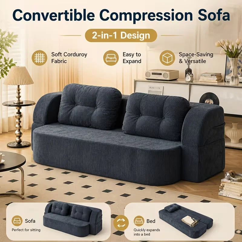 Vacuum Compressed Sofa Bed Convertible 2 in 1 Folding Couch with Soft Cushions Space Saving Floor Sofa for Living Room Bedroom Apartment Guest Room Lounge Modern Upholstered Sleeper Sofa in Blue or Green Easy Setup Comfortabl