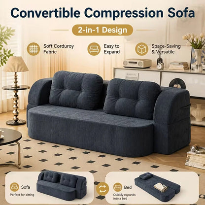Vacuum Compressed Sofa Bed Convertible 2 in 1 Folding Couch with Soft Cushions Space Saving Floor Sofa for Living Room Bedroom Apartment Guest Room Lounge Modern Upholstered Sleeper Sofa in Blue or Green Easy Setup Comfortabl