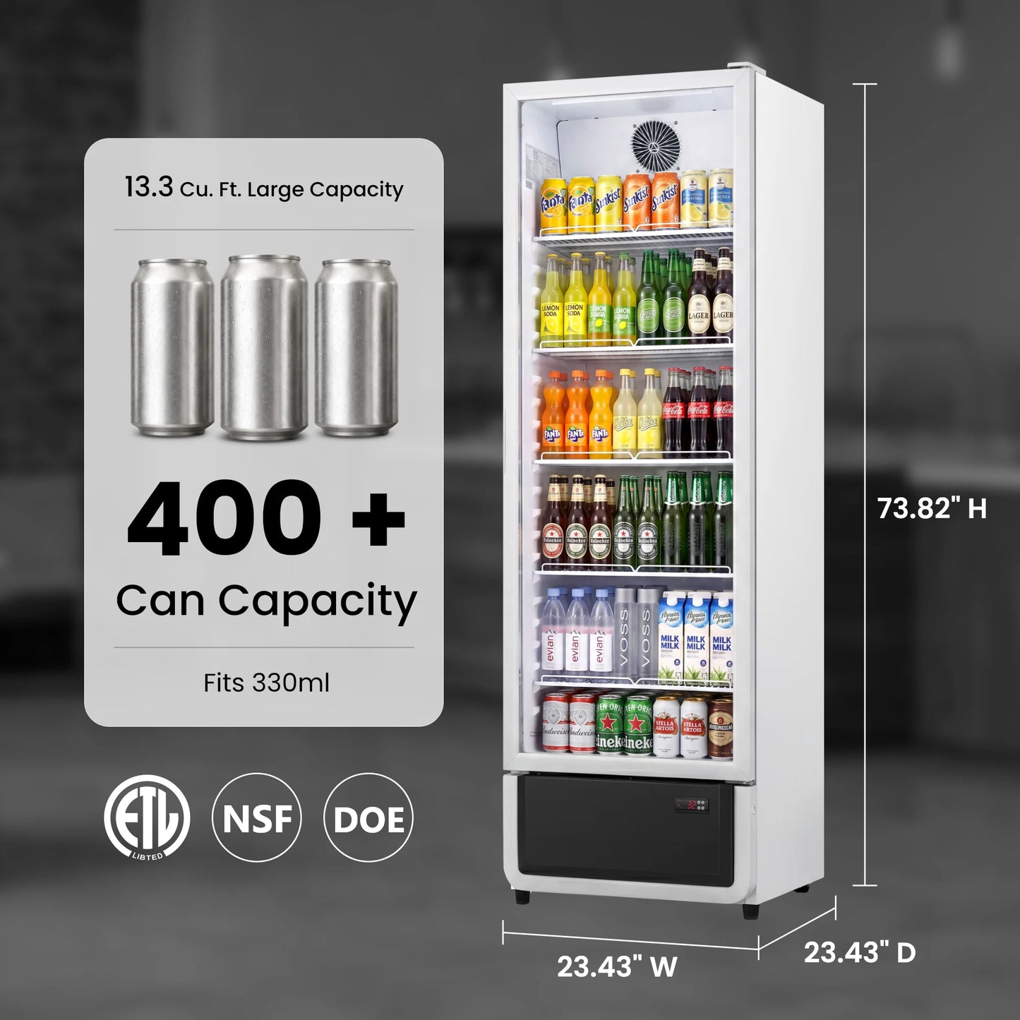 Yeego Commercial Merchandiser Refrigerator ETL & DOE Certified Air Cooled Beverage Display Cooler 32–50°F Adjustable Temp LED Light Lockable Casters, Easy Clean Vent Grille Multi Sizes Available for Convenience Store Café