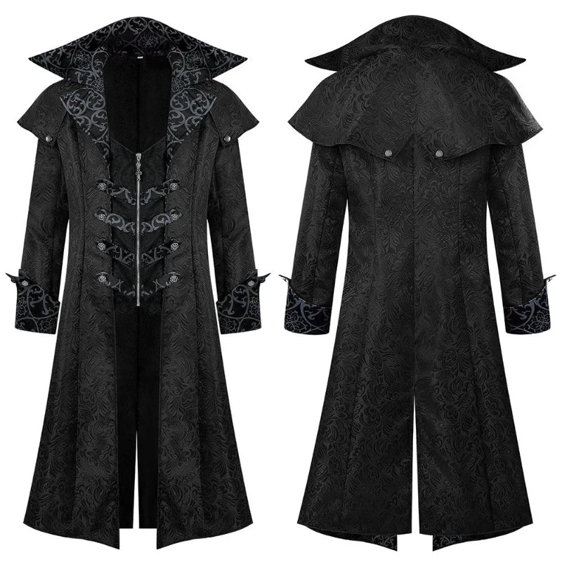2026 Burgundy Medieval Jacquard Trench Coat for Men,Vintage Gothic Dark Men's Jacket ,Halloween Cosplay Performance Costume Men