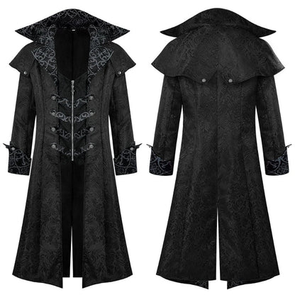 2026 Burgundy Medieval Jacquard Trench Coat for Men,Vintage Gothic Dark Men's Jacket ,Halloween Cosplay Performance Costume Men
