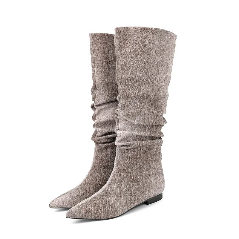 Silver Flat Bottomed Fashion Pleated Boots Big Size 36-47 Stone Grain Knee High Boots Pointed Denim Low Heels Sexy Women Shoes
