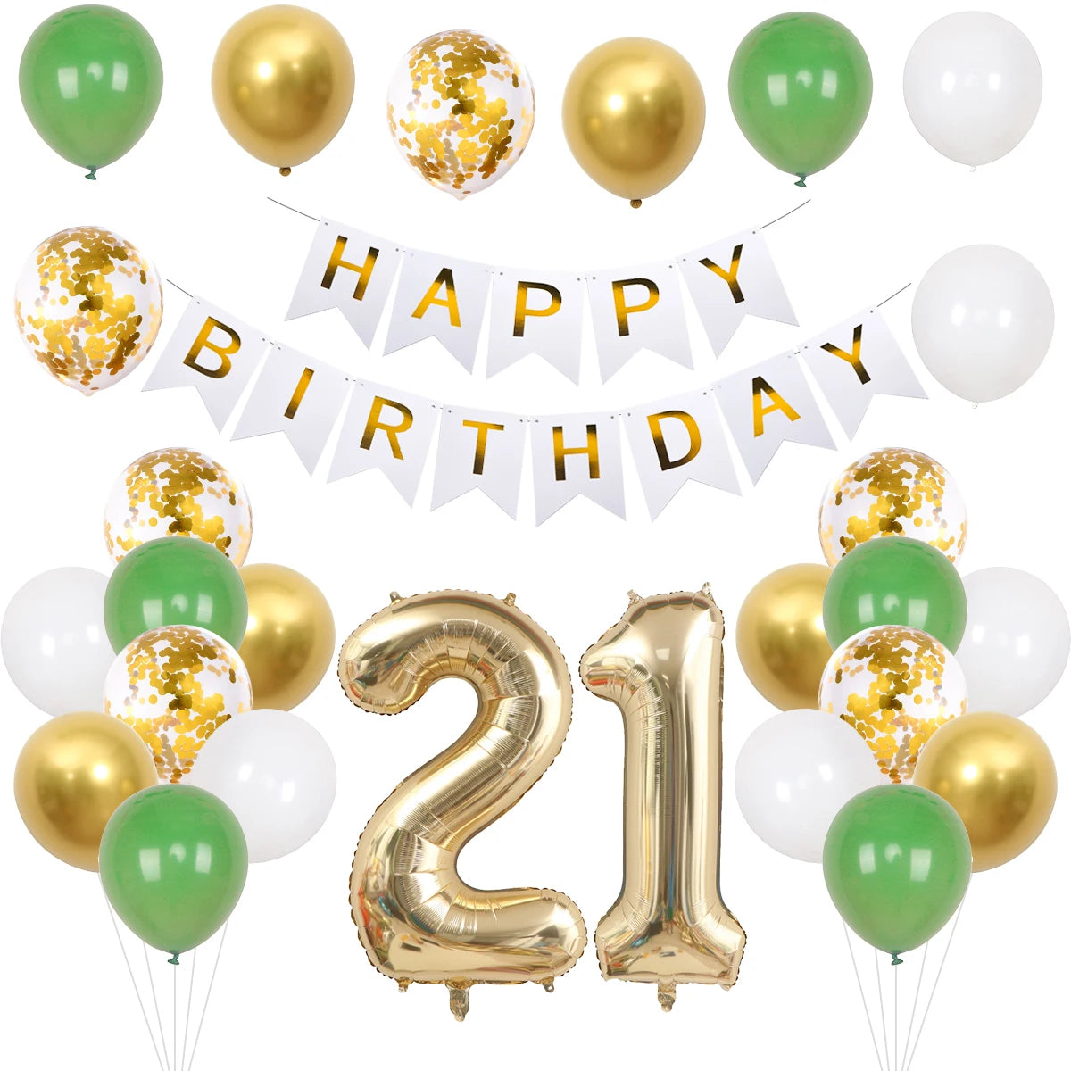 21/30/40/50/60/70th Birthday Green Gold Balloons Set Birthday Banner Party Background Decoration Adults 40inch Number Foil Ball