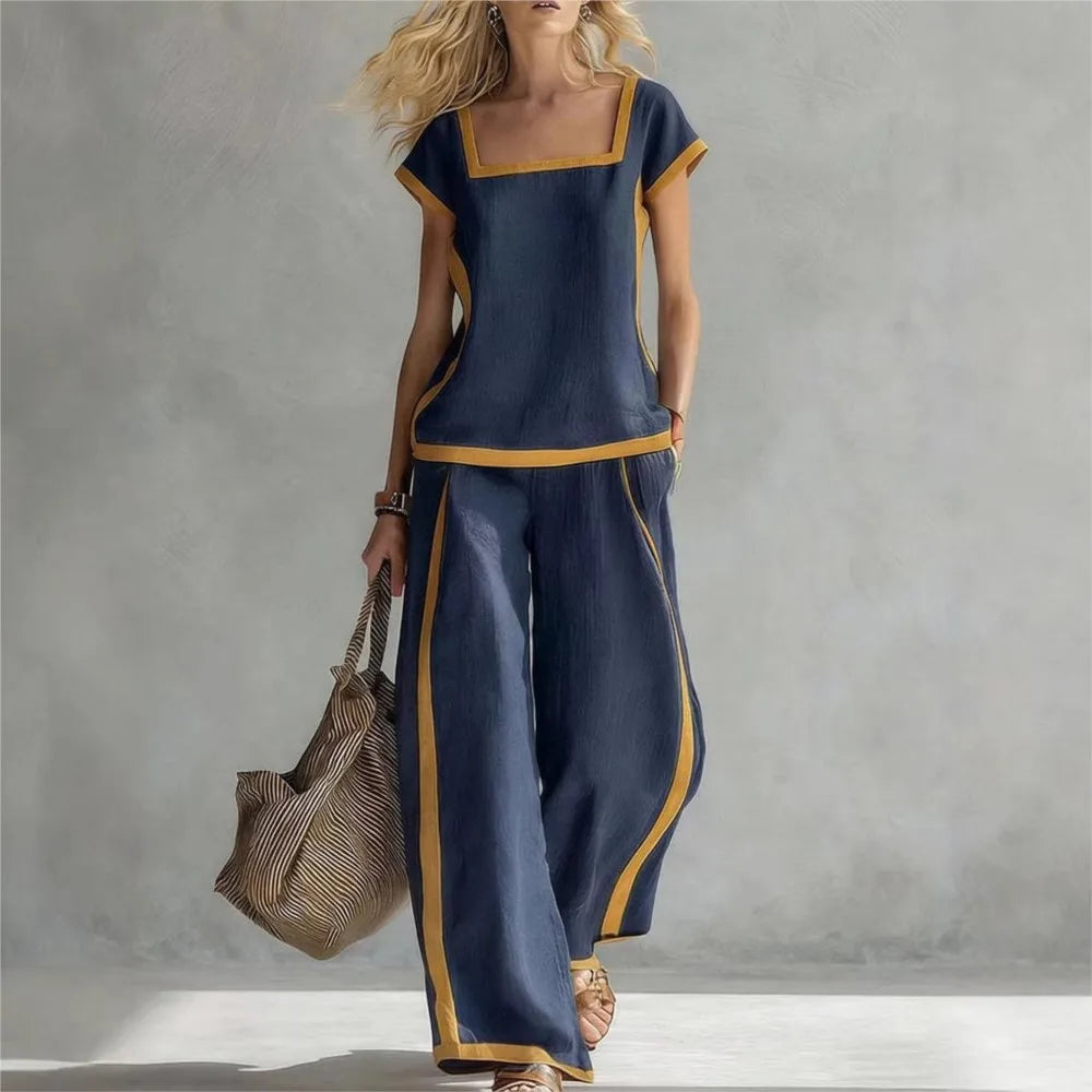 Fashion Square-neck Short-sleeved Wide-leg Trousers Women 2piece Summer New Casual Retro Pocket Trousers Female Office Suit 2026