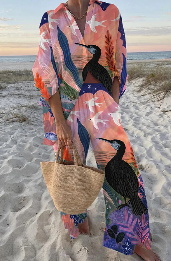 Fashion Print Beach Holiday 2-Piece Set Women Spring Summer Long Sleeve Shirt Top + Wide Legs Women's Oversized Two-Piece Outfit