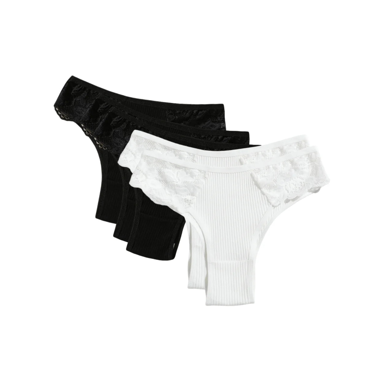 5Pcs/Set Women Cotton Panties Floral Lace Side Panel Low Rise Rib Briefs Low Cut Underwear Comfort Sexy Lingerie Daily Bikini