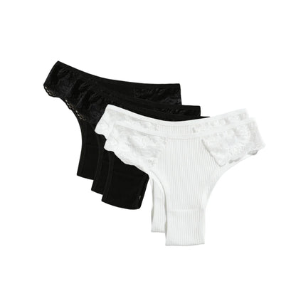 5Pcs/Set Women Cotton Panties Floral Lace Side Panel Low Rise Rib Briefs Low Cut Underwear Comfort Sexy Lingerie Daily Bikini