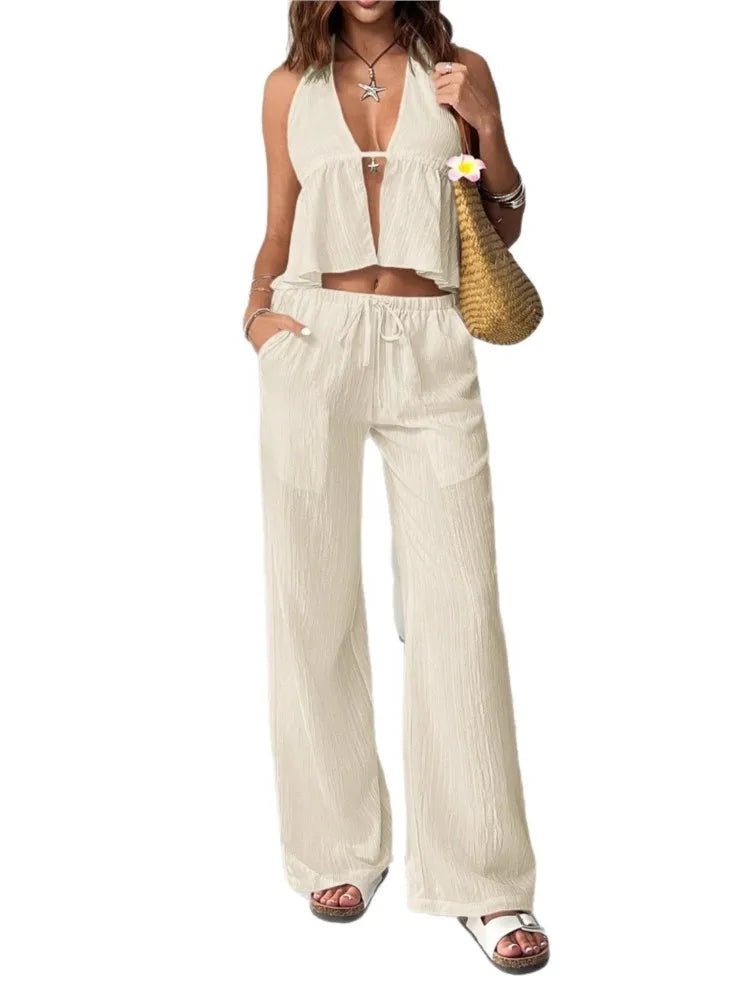 Fashion White Woman 2 Piece Set Outfit Spring And Summer Women's Halter Neck Strap Sexy Backless Sleeveless Vest Slim Suit